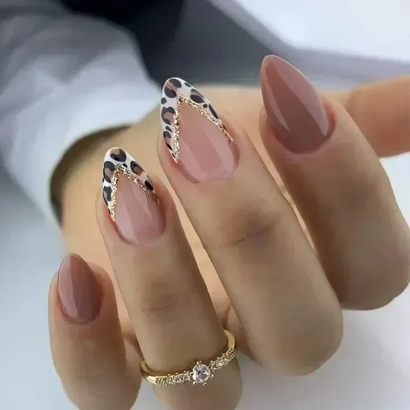 24Pcs French Almond Fake Nails Gold Edge Glitter Press on Nails Swirl Metal Nail Art False Nail Full Cover Nail Tips False Nais