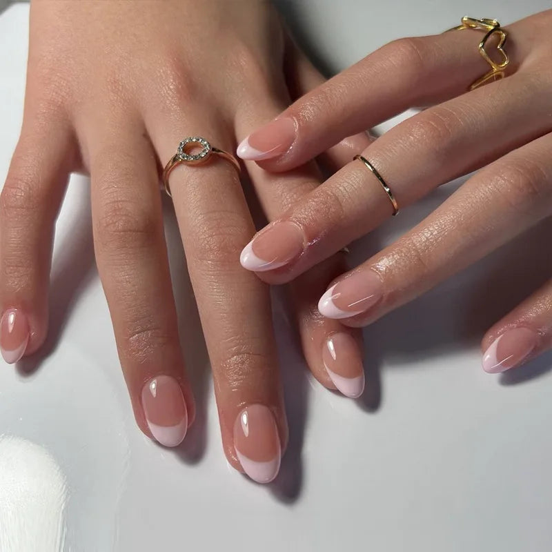 24Pcs French Almond Fake Nails Gold Edge Glitter Press on Nails Swirl Metal Nail Art False Nail Full Cover Nail Tips False Nais