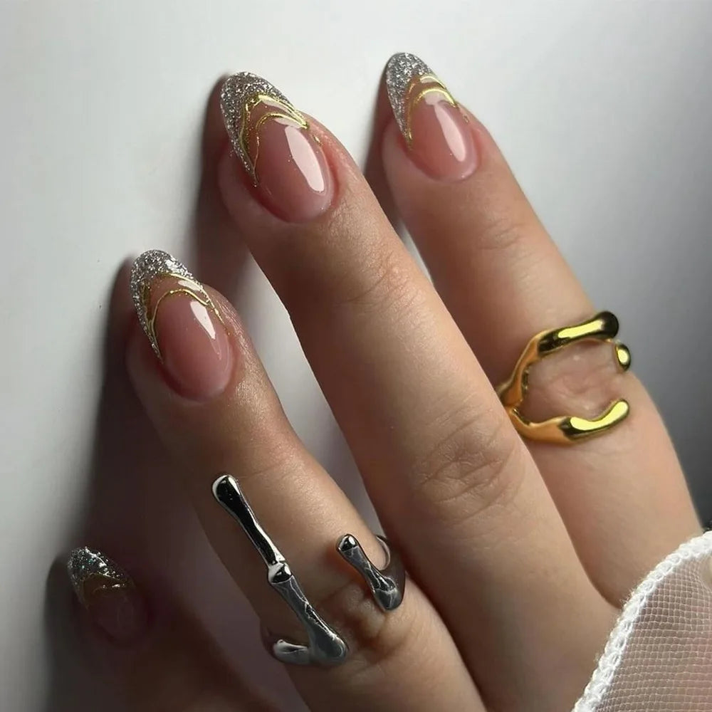 24Pcs French Almond Fake Nails Gold Edge Glitter Press on Nails Swirl Metal Nail Art False Nail Full Cover Nail Tips False Nais