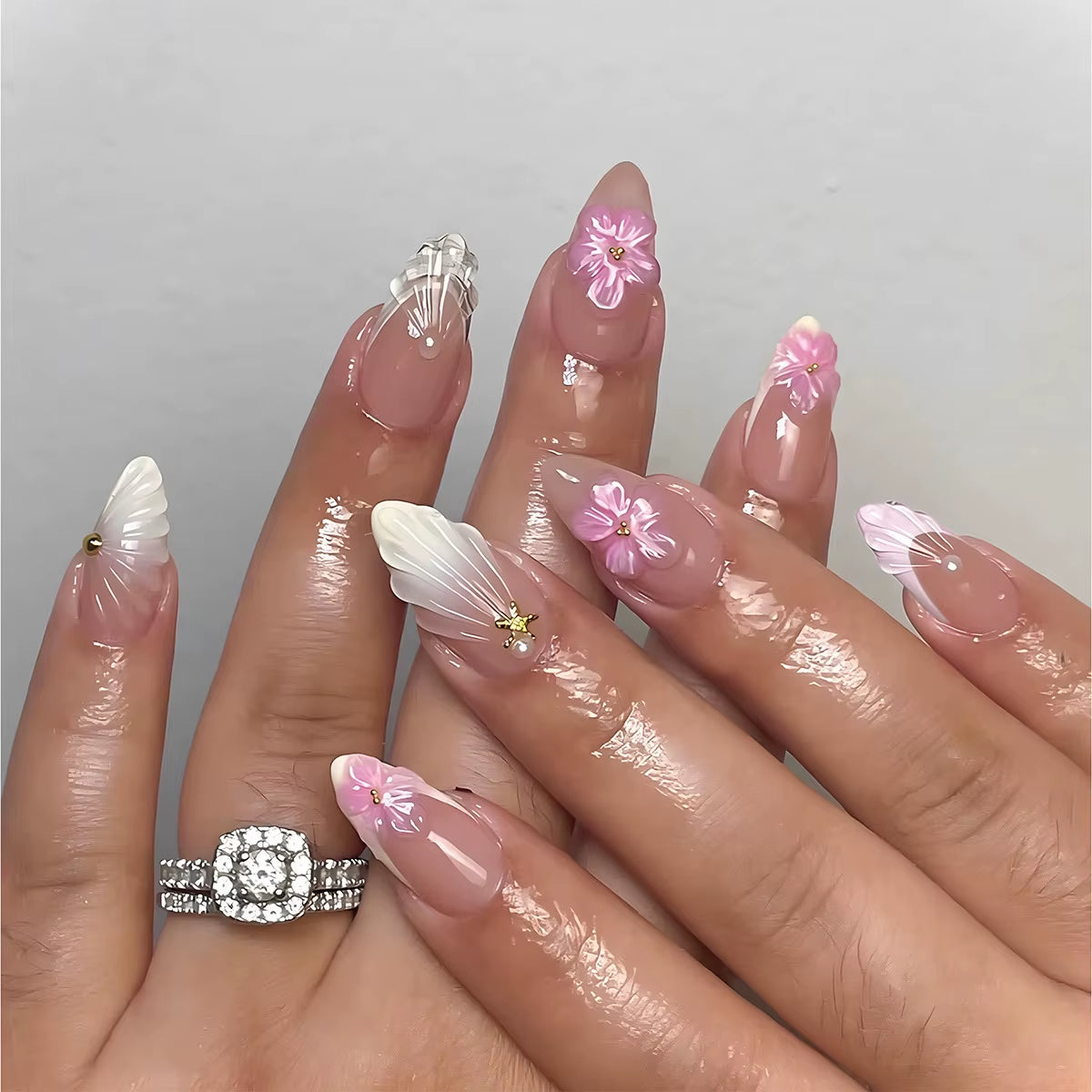 24Pcs Pink Almond False Nails Butterfly Ballet with French Design Wearable Fake Nails Simple Artificial Press on Nails Tips Art