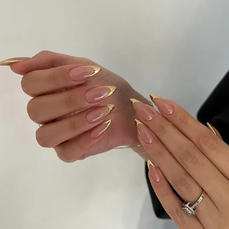 24Pcs French Almond Fake Nails Gold Edge Glitter Press on Nails Swirl Metal Nail Art False Nail Full Cover Nail Tips False Nais