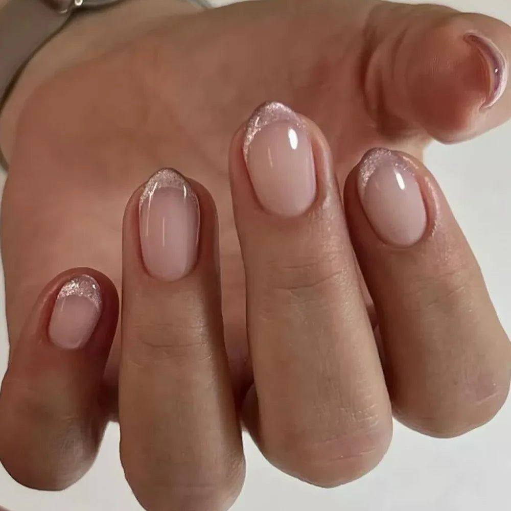 24Pcs French Almond Fake Nails Gold Edge Glitter Press on Nails Swirl Metal Nail Art False Nail Full Cover Nail Tips False Nais