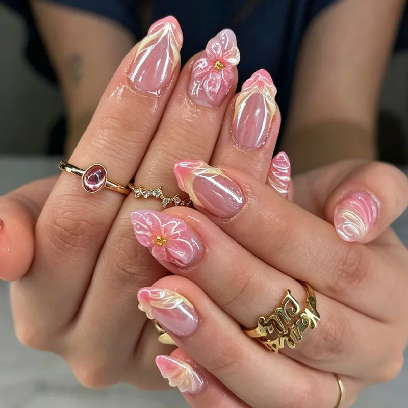 24Pcs Pink Almond False Nails Butterfly Ballet with French Design Wearable Fake Nails Simple Artificial Press on Nails Tips Art