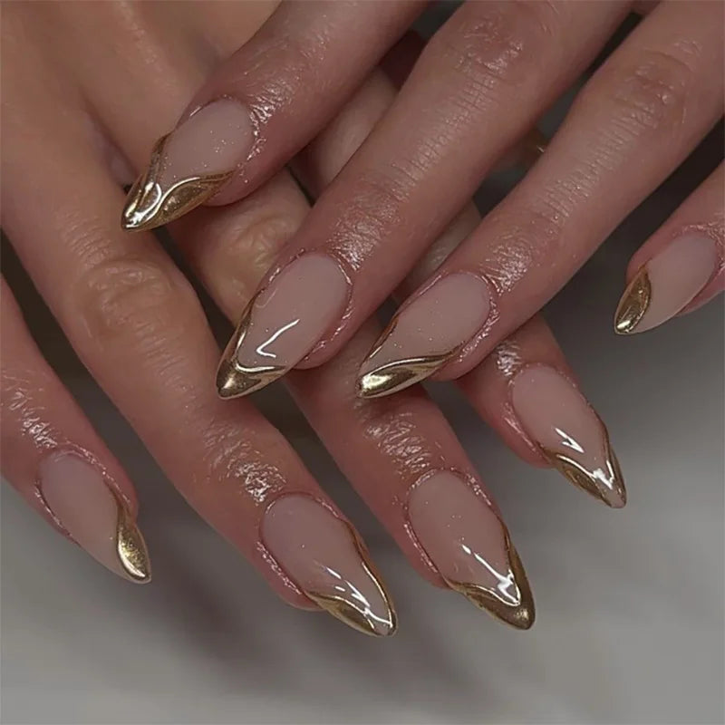 24Pcs French Almond Fake Nails Gold Edge Glitter Press on Nails Swirl Metal Nail Art False Nail Full Cover Nail Tips False Nais