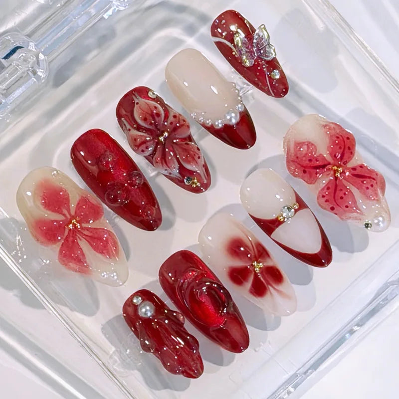 24Pcs Pink Almond False Nails Butterfly Ballet with French Design Wearable Fake Nails Simple Artificial Press on Nails Tips Art
