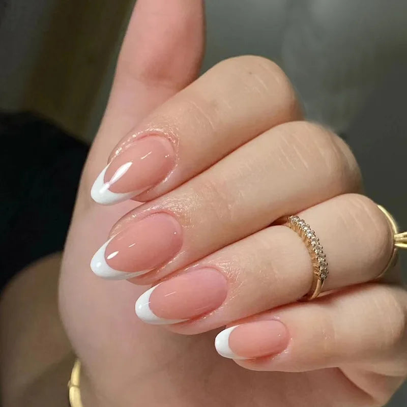24Pcs French Almond Fake Nails Gold Edge Glitter Press on Nails Swirl Metal Nail Art False Nail Full Cover Nail Tips False Nais