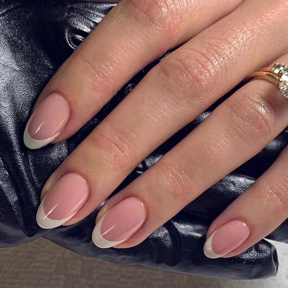 24Pcs French Almond Fake Nails Gold Edge Glitter Press on Nails Swirl Metal Nail Art False Nail Full Cover Nail Tips False Nais