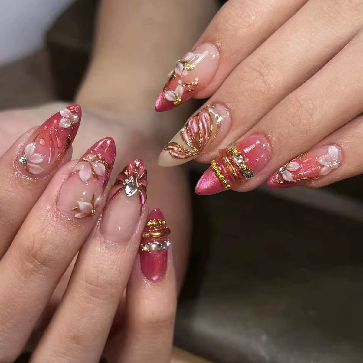 24Pcs Pink Almond False Nails Butterfly Ballet with French Design Wearable Fake Nails Simple Artificial Press on Nails Tips Art