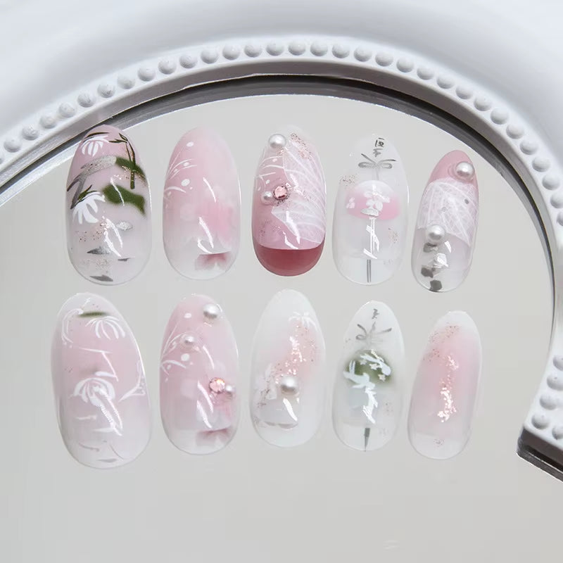 24Pcs Pink Almond False Nails Butterfly Ballet with French Design Wearable Fake Nails Simple Artificial Press on Nails Tips Art