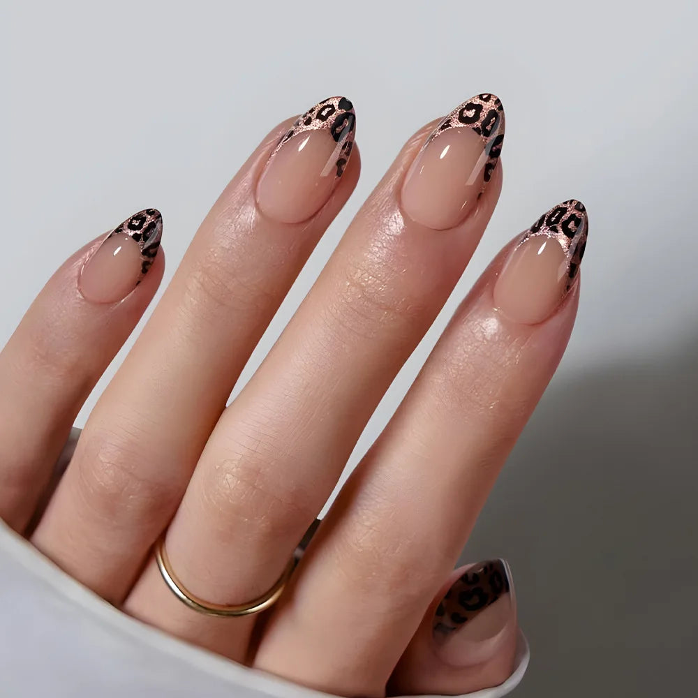 24Pcs French Almond Fake Nails Gold Edge Glitter Press on Nails Swirl Metal Nail Art False Nail Full Cover Nail Tips False Nais