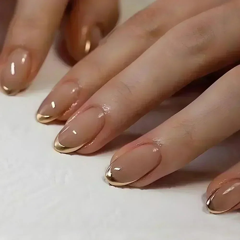 24Pcs French Almond Fake Nails Gold Edge Glitter Press on Nails Swirl Metal Nail Art False Nail Full Cover Nail Tips False Nais