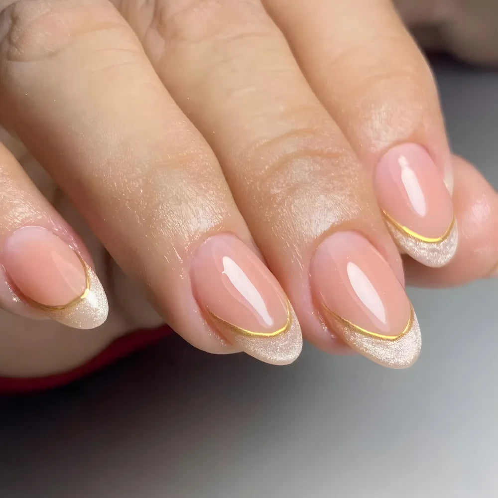 24Pcs French Almond Fake Nails Gold Edge Glitter Press on Nails Swirl Metal Nail Art False Nail Full Cover Nail Tips False Nais