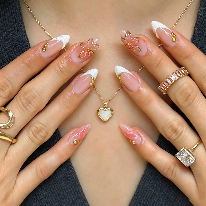 24Pcs Pink Almond False Nails Butterfly Ballet with French Design Wearable Fake Nails Simple Artificial Press on Nails Tips Art