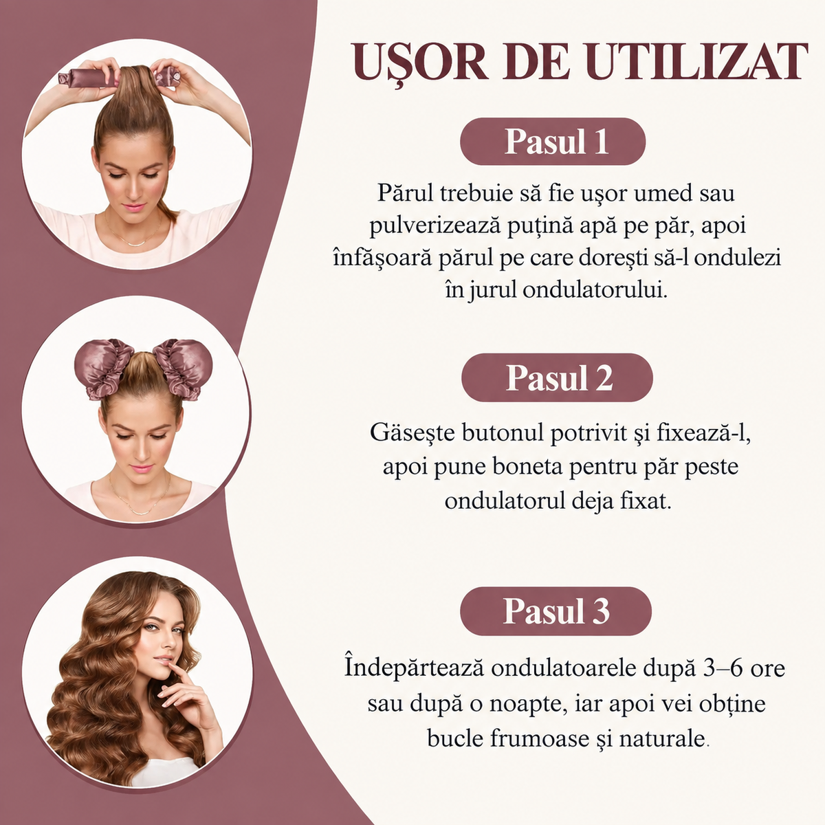 Set de 3 Bucăți pentru Ondulare fără Căldură – Bentiță din Satin cu Bonete pentru Păr Lung