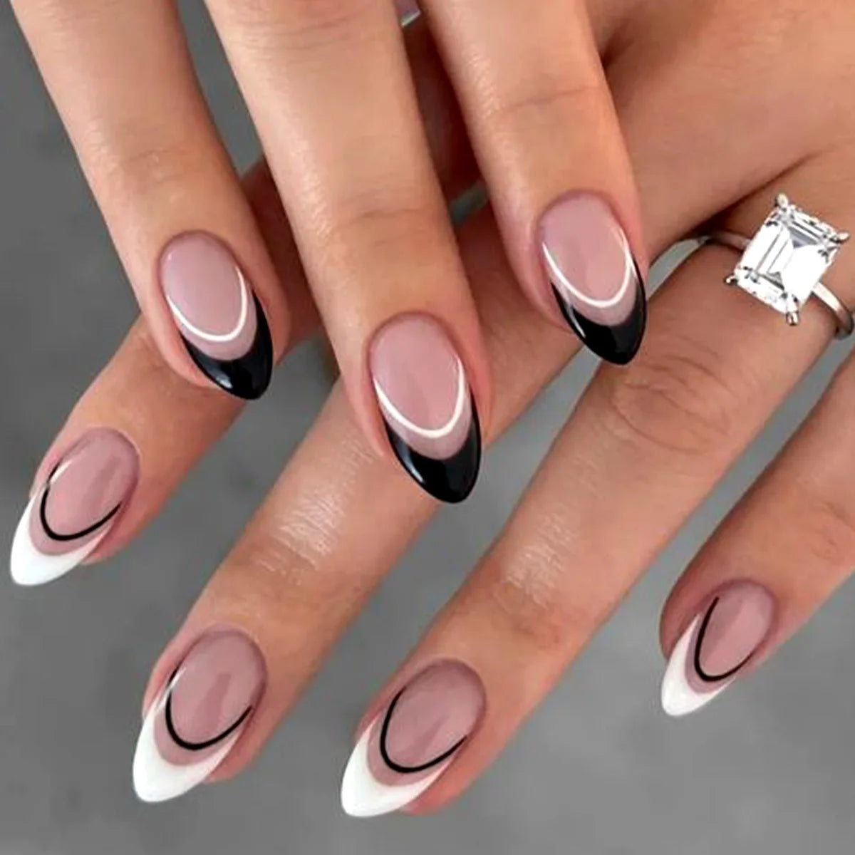 24Pcs French Almond Fake Nails Gold Edge Glitter Press on Nails Swirl Metal Nail Art False Nail Full Cover Nail Tips False Nais