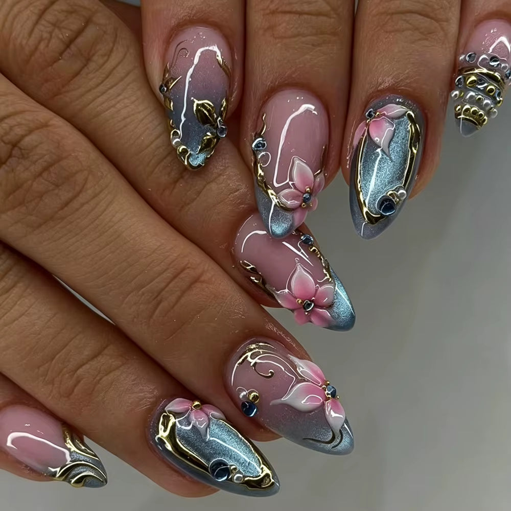 24Pcs Pink Almond False Nails Butterfly Ballet with French Design Wearable Fake Nails Simple Artificial Press on Nails Tips Art